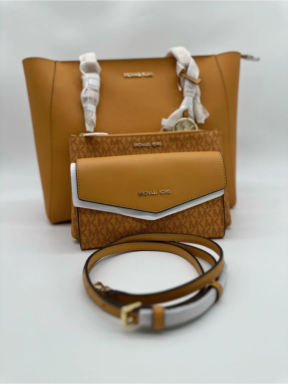 Michael Kors Mustard Tan Saffiano Leather Tote with Matching Wallet Trio